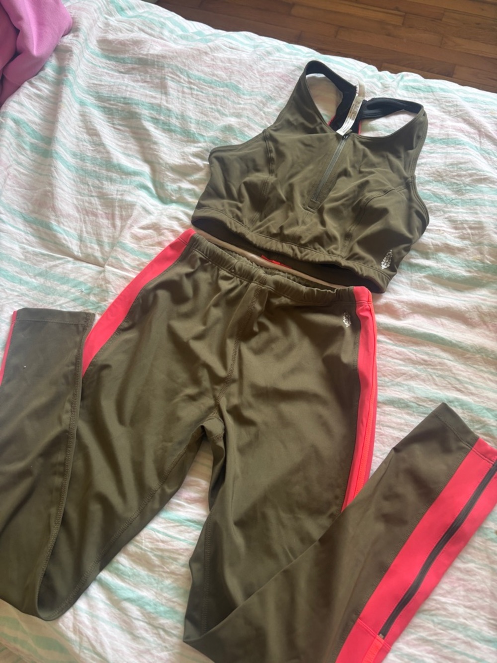 NEW Free people green and pink striped leggings and bra set